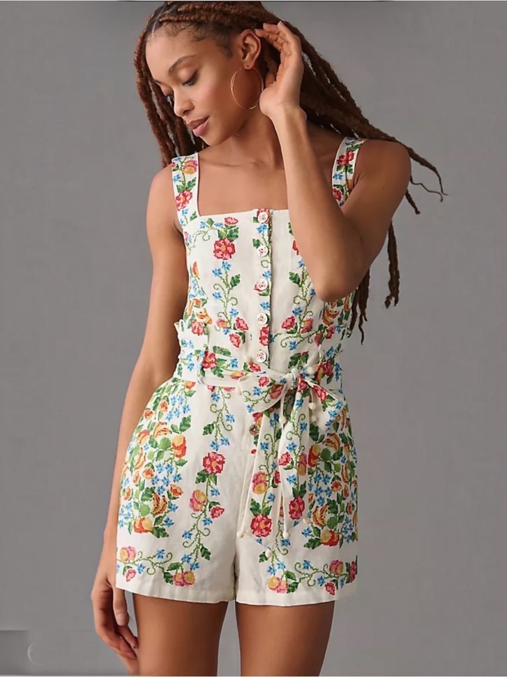 Farm Rio Tropical Romance Linen Blend Romper Jumpsuit Floral Tie Waist Size L